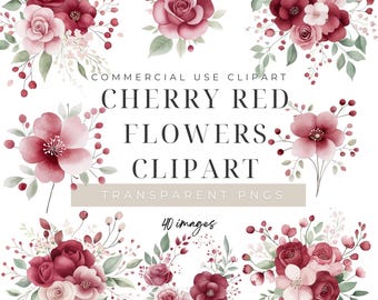 Cherry Red Flowers Clipart, Floral PNG Bundle, Romantic Botanical Clip Art, Vintage Bloom Instant Download