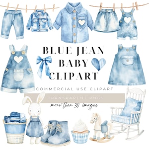 Blue Jean Baby Clipart, Digital Download, Denim Clothesline, Baby Shower Invite, Commercial License