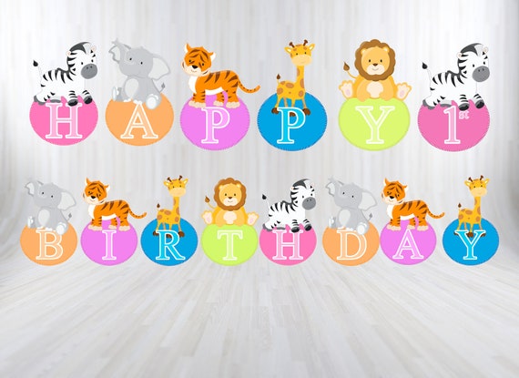 Jungle Animals Birthday Banner Happy 1st Birthday Banner Etsy