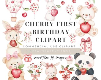 Cherry First Birthday Clipart PNG, Bunny Panda, Berry Sweet Baby Shower, Digital Download, Commercial License