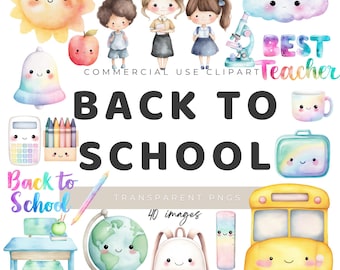 Watercolor Kawaii Back to School Clipart, Teacher Planner Graphics, Kids Classroom Decor (Digital Download Commercial Use)