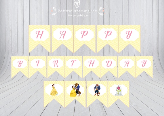 printable banner beauty and the beast happy birthday banner yellow happy birthday banner