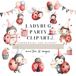Op de afbeelding: Waterverf clipart set met lieveheersbeestjes met feesthoeden, ballonnen en cadeaus. De tekst luidt "LADYBUG PARTY CLIPART" en "COMMERCIAL USE CLIPART". Bevat meer dan 30 transparante PNG-afbeeldingen.