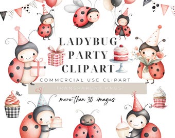 Ladybug Clipart, Watercolor Birthday Party PNG Graphics, Digital Download, Commercial Use