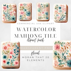 May include: Watercolor Mahjong tile clipart pack featuring floral designs in pink, blue, and green. The tiles have a rectangular shape with rounded edges. The image includes the text "COMMERCIAL USE CLIPART", "WATERCOLOR MAHJONG TILE clipart pack", "TRANSPARENT PNGS", "floral", "MORAN THAT 20 ELEMENTS".