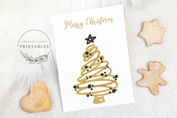 Merry Christmas Printable Card, Digital Download, Golden Christmas Card, Merry Christmas Card, Printable Greeting Card, 5x7 Christmas Card Il_570xn