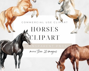 Pode incluir: Clipart em aquarela com quatro cavalos em várias poses. Os cavalos são em tons de castanho, preto e branco, com crinas e caudas esvoaçantes. O texto inclui "COMMERCIAL USE CLIPART", "HORSES CLIPART", "TRANSPARENT PNGS" e "more than 20 images".