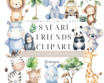 Watercolor Safari Animals Clipart Set, Jungle Animals PNG, Digital Download, Commercial Use