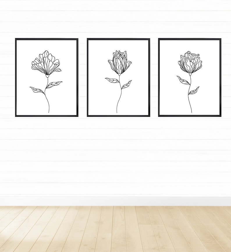 Black and White Flowers Printable Wall Art Set Digital - Etsy