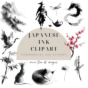 Puede incluir: Clipart de tinta japonesa con varias ilustraciones en blanco y negro, incluyendo un samurái, un dragón, una grulla y un gato. La imagen también incluye una tetera, flores y el texto "Japanese Ink Clipart".
