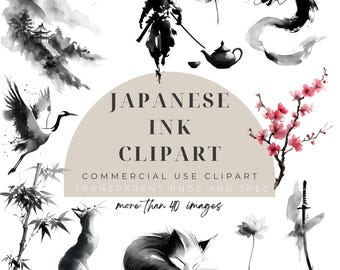 Könnte beinhalten: Japanische Tinte Clipart mit verschiedenen Illustrationen in Schwarz und Weiß, darunter ein Samurai, Drache, Kranich und Katze. Das Bild enthält auch eine Teekanne, Blumen und den Text "Japanese Ink Clipart".