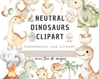 Neutral Dinosaur Clipart, Digital Download, Watercolor Dino PNG Images Bundle, Commercial License