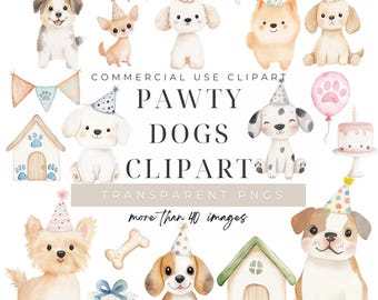 Dog Pawty Clipart, Watercolor Puppy Birthday Party PNG Graphics, Digital Download, Commercial Use