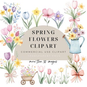 Vårblommor Clipart, Blommiga prästkragar Tulpan Påskliljor PNG, Digital Nedladdning, Kommersiell Licens