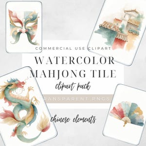 Mahjong Tiles Watercolor Clipart, Digital Instant Download, Chinese Elements PNG, Commercial License