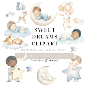 Op de afbeelding: Watercolor clipart set met baby's, herten, konijntjes, ballonnen, sterren en manen. De tekst "Sweet Dreams Clipart" is te zien. De afbeelding heeft een zacht, pastelkleurig kleurenpalet, perfect voor baby-thema ontwerpen en knutselen.