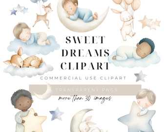 Watercolor Sweet Dreams Baby Boy Clipart, Sleeping Baby Animals Moon Cloud PNG, Digital Download, Commercial Use