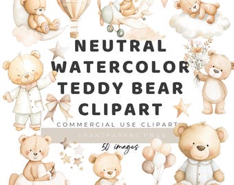Watercolor Neutral Teddy Bear Clipart Bundle, Beige Nursery Clip Art, Commercial Use Instant Download