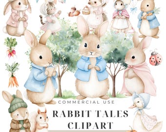 Rabbit Tales Baby Shower Clipart, Watercolor PNG Storybook Woodland Party Decor, Digital Download, Commercial License