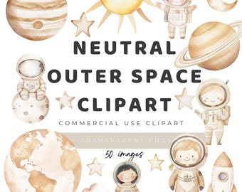 Watercolor Neutral Space Clipart: Cosmic PNG Illustrations with Astronauts & Planets (Digital Download, Commercial License)