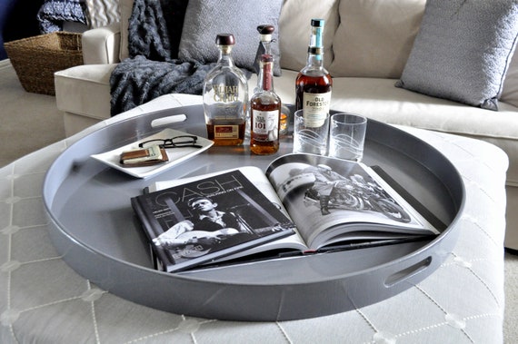 Dark Gray Round Extra Large Ottoman, Extra Large Round Coffee Table Tray