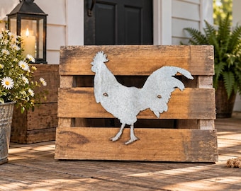Vintage Chicken Metal Cutout on Reclaimed Pallet Wood Sign, Rustic Farmhouse Decor