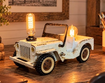 Vintage Pressed Metal Toy Jeep Table Desk Lamp, Repurposed Man Cave Decor Lighting