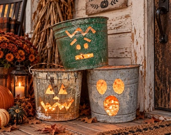 Repurposed Halloween Pails/Buckets, Jack O'Lantern Ghost Frankenstein Farmhouse Porch Decor