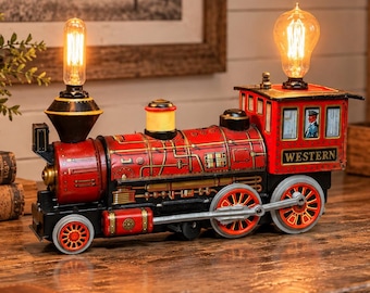 Vintage Pressed Metal Toy Train Table Desk Lamp, Repurposed Man Cave Decor Lighting
