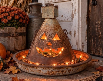 Repurposed Vintage Chicken Feeder Jack O Lantern Light, Farmhouse Halloween Decor