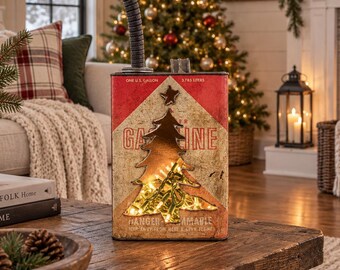 Repurposed Gas Can Christmas Tree Light, Rustic Farmhouse Porch Decor