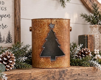 Repurposed Rusty Metal Can Christmas Tree Lantern, Farmhouse Rustic Decor