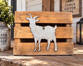 Vintage Goat Metal Cutout on Reclaimed Pallet Wood Sign, Rustic Farmhouse Decor