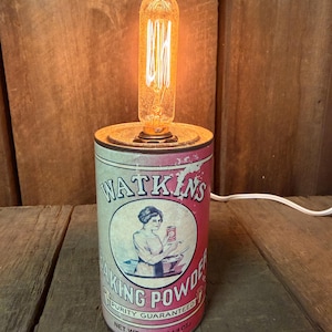 Vintage Metal Watkins Baking Powder Can Table Desk Light Lamp, repurposed, farmhouse, gift, kitchen, rusty, rustic
