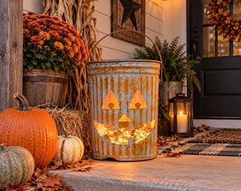 Repurposed Halloween Metal Trash Can, Orange Jack O'Lantern Farmhouse Porch Decor