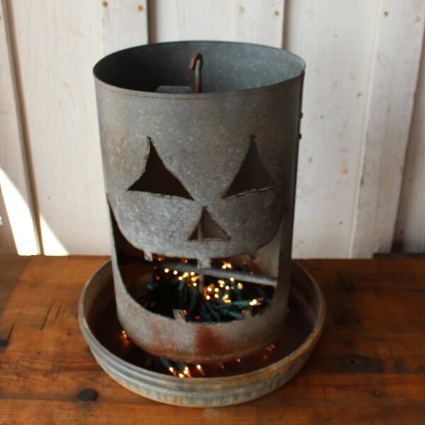 Vintage Chicken Feeder Pumpkin Jack O Lantern Light,gift,fall,rustic home decor,metal,decoration,creative,repurposed halloween,rustic