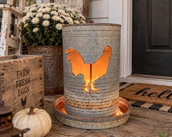 Repurposed Chicken Feeder Lamp, Farmhouse Porch, Rooster Decor, Upcycled Lighting Accent