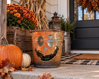 Repurposed Halloween Pail/Bucket, Orange Jack O'Lantern Farmhouse Porch Decor