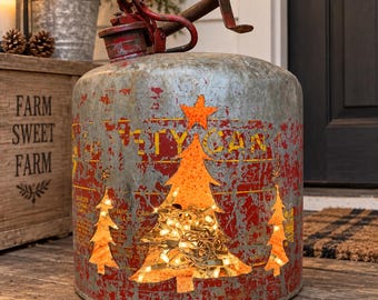 Repurposed Gas Can Christmas Tree Light, Rustic Farmhouse Porch Decor, Vintage Metal Upcycle