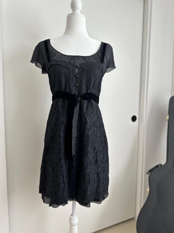 Moschino, Vintage 90s Moschino Black Lace Dress: Velvet Straps & Bow, Made in Italy