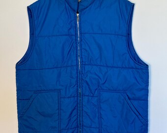 Vintage 70s Blue Puffer Vest – Wedgefield Zip-Up Winter Vest, Mens L/XL