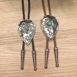 Silver Southwest Stamped Stone Bolo Tie Necklace Men Women Western Gift Customize Tips Braided Cord Modern Cowboy Vintage Style Fashion image 3