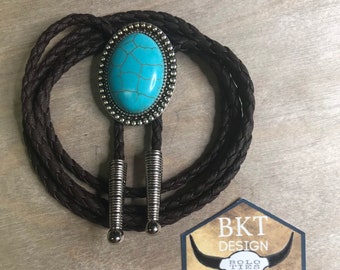 New! Turquoise Gemstone Bolo Tie with beaded bezel Necklace Handmade Wedding Gift Men Women Kids Customize Braided Cord Western Cowboy