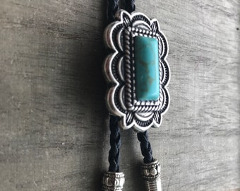 Western Concho Turquoise Howlite Bolo Tie scalloped Geometric stamped Bezel BKT Design wedding  groom bolo tips leatherette cord or leather