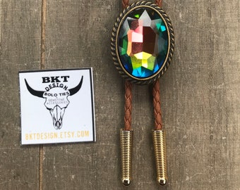 Crystal Rhinestone Rainbow Bolo Tie Necklace Custom Tip & Cord Options Western Groom Wedding Men Women Kids Gift Modern Cowboy Style Tie