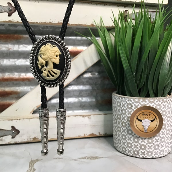 Lady Skeleton Cameo  Bolo Tie Necklace Wedding Gift Men Women Kids Customize Genuine Vegan Leather Braided Cord Western Cowboy neck tie