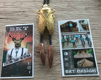 Golden Cicada Bug Locust Bolo Tie Necklace Custom Tip & Cord Options Western Groom Wedding Mens Women Kids Gift Modern Cowboy Style Tie