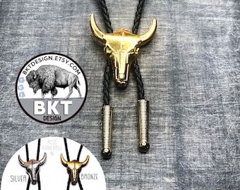 Gold Brave Little Bovine Bull Skull Bolo Tie Necklace Seen In Pioneer Woman Magazine Western Vintage Unique Gift idea Men Women Kids