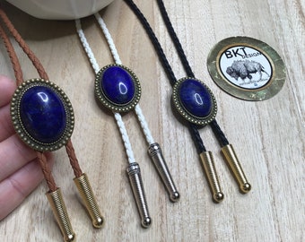 Bronze Beaded Bezel Bolo Tie with a Lapis Lazuli  Gemstone | Royal Blue| BKT Design | Groomsmen Gifts | Available in multiple styles