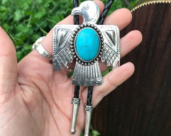 Silver Geometric Thunderbird  Eagle Turquoise Howlite southwest  Bolo Tie Necklace Wedding Gift Men Women Kids Customize  Western Cowboy